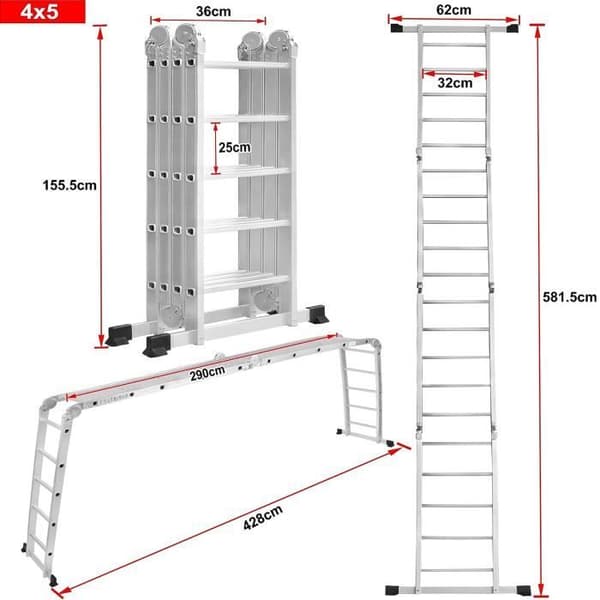 Multifunktionsstege av aluminium LZQ - 4x5 550cm - 6 i 1 - hopfällbar, hushålls- och arbetsstege