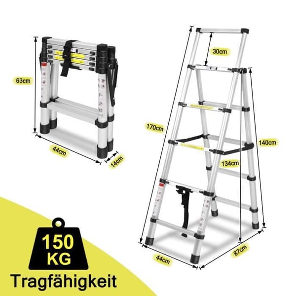 Fällbar teleskopstege med multifunktion i aluminiumlegering - XMTECH - 1,4m+1,7m - 150 kg - 11 steg