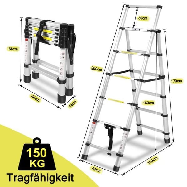 Teleskopstege - XMTECH - 1,7m+2m - Maximal belastning 150 kg - 13 steg - Aluminium