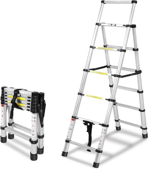 YUENFONG Fällbar teleskopstege, 1,7+2m, Aluminium, Halkfri, Multifunktion, A-ram, Maxlast: 150 kg