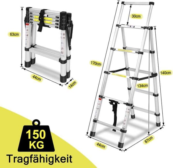 YUENFONG Fällbar teleskopstege, 1,4 m + 1,7 m, aluminium, halkfri, multifunktion, A-ram, maxlast: 150 kg