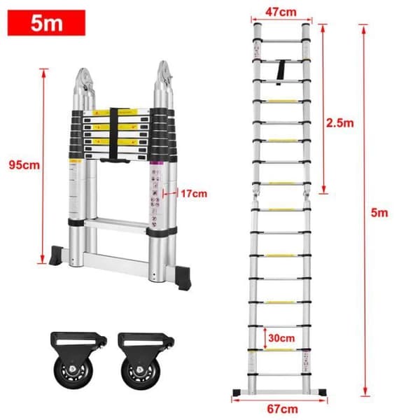 YUENFONG Fällbar teleskopstege 5m - Aluminium - Halkfri - Multifunktion - Maximal belastning: 150 kg (2,5+2,5m)