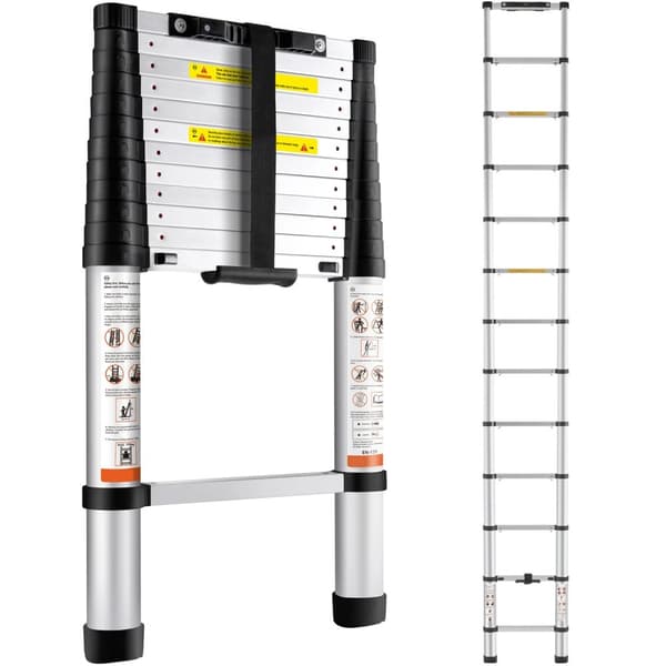 12,5 fot/380 cm 170 kg lastkapacitet säker teleskopisk stege, hög stabilitet, en knapp indragning, lätt att bära och förvara