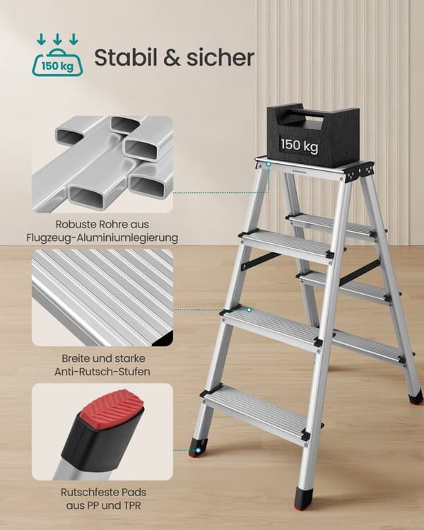 Rootz foldestige i aluminiumslegering - Trinskammel - Let, robust - 78 cm x 42 cm x 81,5 cm - 150 kg Kapacitet