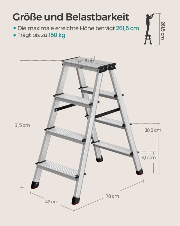 Rootz foldestige i aluminiumslegering - Trinskammel - Let, robust - 78 cm x 42 cm x 81,5 cm - 150 kg Kapacitet
