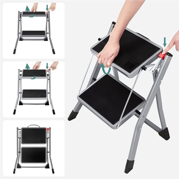 Rootz 2-stegs trappstege - Fällbar trapppall - Stabil konstruktion - Stål - 50cm x 59,5cm x 44cm