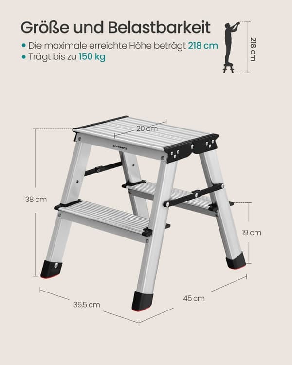 Rootz foldestige - Bærbar skammel - Letvægtstrappe - Aluminiumsplastik - 45 cm x 35,5 cm x 38 cm - 19 cm foldet - 1,8 kg - 150 kg Kapacitet