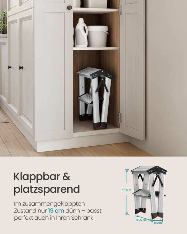 Rootz foldestige - Bærbar skammel - Letvægtstrappe - Aluminiumsplastik - 45 cm x 35,5 cm x 38 cm - 19 cm foldet - 1,8 kg - 150 kg Kapacitet