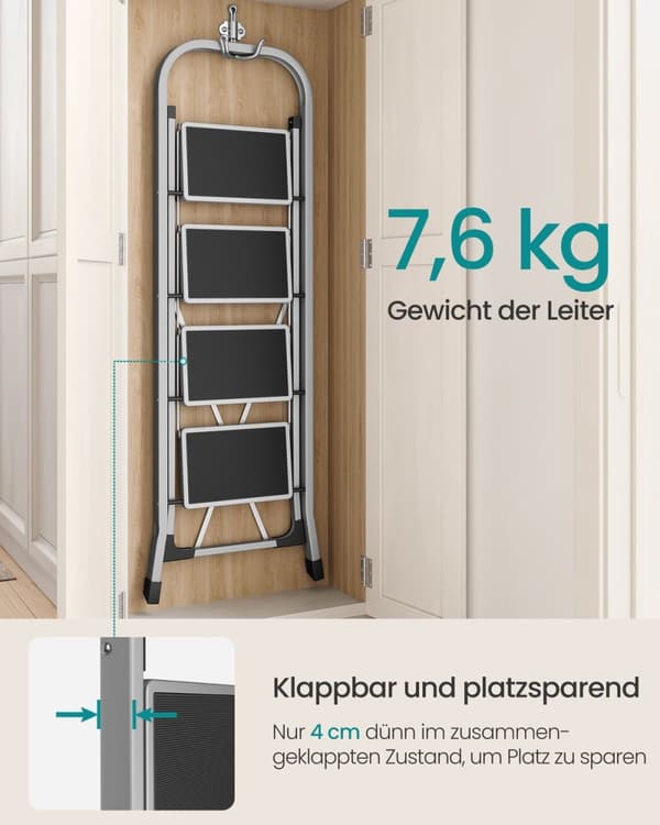 Rootz Steel Folding Stege - Step Pall - Heavy-duty - 89cm x 45cm x 127cm - Lättvikt - Dove Grey - 7,6kg - Maxbelastning 150kg
