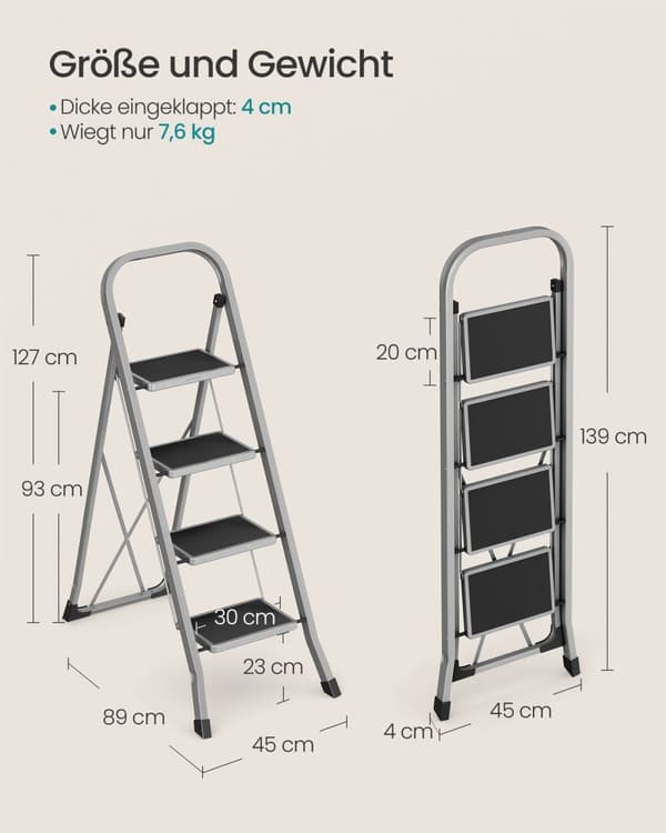Rootz Steel Folding Stege - Step Pall - Heavy-duty - 89cm x 45cm x 127cm - Lättvikt - Dove Grey - 7,6kg - Maxbelastning 150kg
