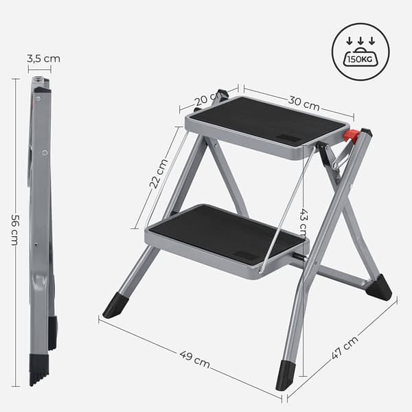 Stairladder - Metalramme - 2 trin - Anti -slip - Grå