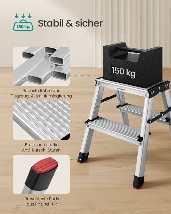 Stege, SONGMICS Aluminiumstege, 45x35,5x38 cm, Silvergrå-Bläcksvart.