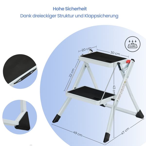 Sammenklappelig trappetrin, SONGMICS GSL02WT, 50x59.5x44 cm, Sort og Hvid