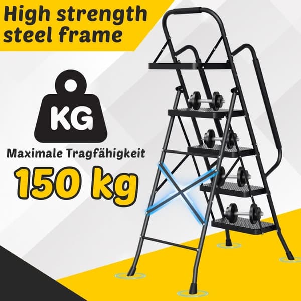 Hopfällbar trappstege 4-stegs hopfällbar stege upp till 150 kg Armstöd, halkfri pedal i stål