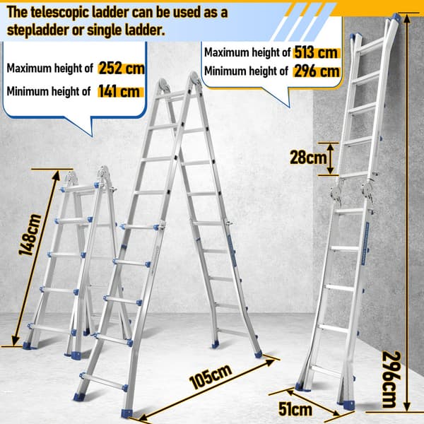 Teleskopisk skala i aluminium 4x5 nivå 512cm silver multifunktional i aluminium av hög kvalitet