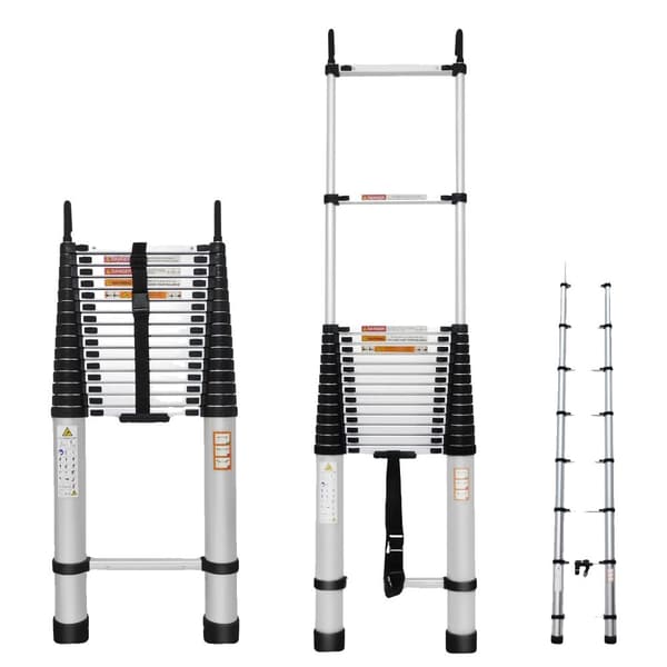 Teleskopisk stege, 6,2 m, hopfällbar, avtagbara krokar, utdragbara steg och halkfria fötter