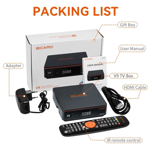 Satellite TV-modtager, understøtter DVB-S/S2/S2X, indbygget WIFI,EU-stik, ECAMD V9 PRIME boks