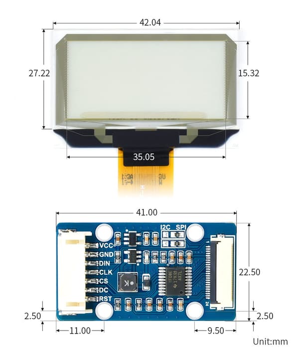 Läpinäkyvä OLED-näyttö, 1,51 tuuman resoluutio, 128 × 64, siniset SPI/I2C-liitännät