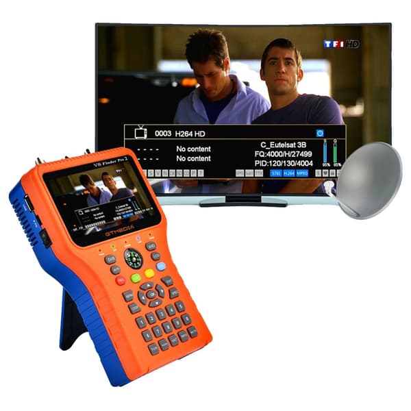TV-signalfinder, 4,3 tommer LCD-skærm, DVB-S2/S2/S/T2/T/C-kompatibilitet, måling af signalstyrke og -kvalitet,EU stik