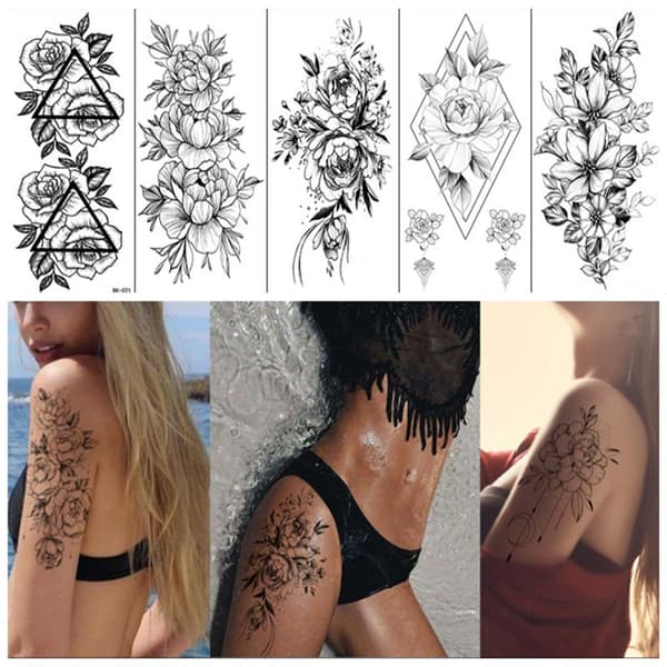 INF Rubs - midlertidige tatoveringer med blomstermotiver 8 stk Sort