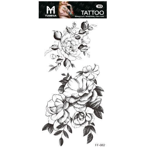 Tillfällig Tatuering 19 x 9cm - Två grupper blommor, svartvit