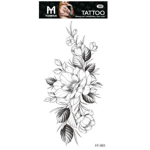 Tillfällig Tatuering 19 x 9cm - Svartvita blommor med blad