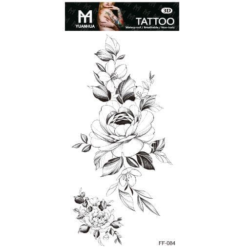 Tillfällig Tatuering 19 x 9cm - Två grupper med diverse blommor, svartvit