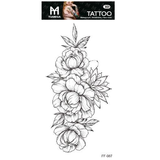 Tillfällig Tatuering 19 x 9cm - 3 blommor & stjärna, svartvit