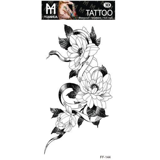 Tillfällig Tatuering 19 x 9cm - Svartvit blomkvist med orm