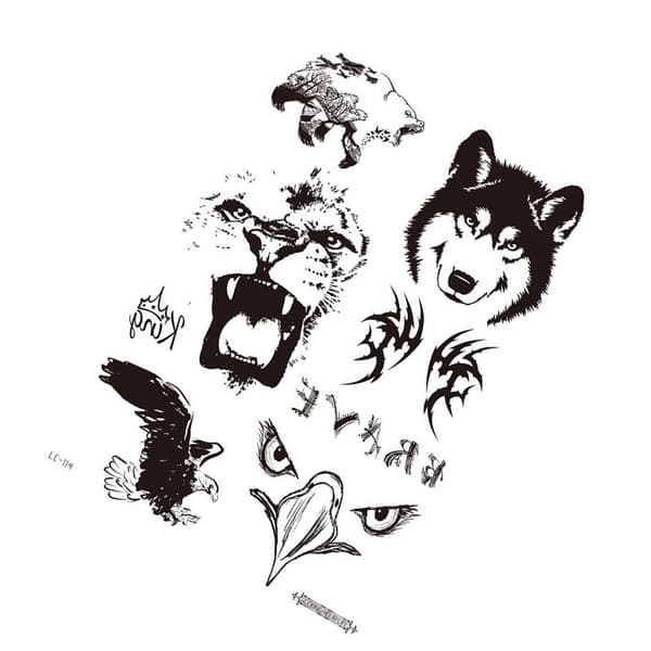 INF Musta tatuointitarra - 5 kpl Eagle, wolf, tiger