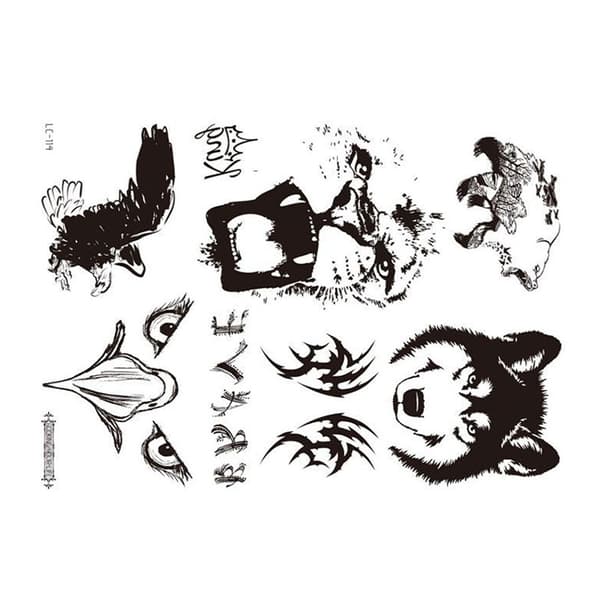 INF Musta tatuointitarra - 5 kpl Eagle, wolf, tiger