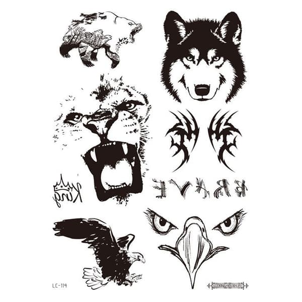 INF Sort tatoveringsmærke - 5 stk Eagle, wolf, tiger