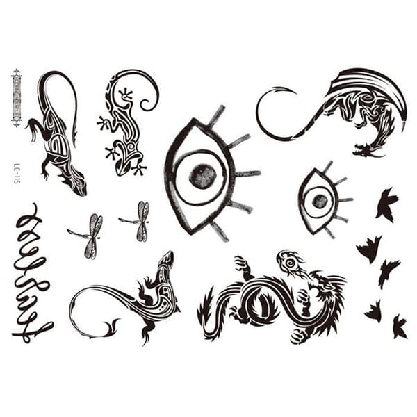 INF Musta tatuointitarra - 5 kpl Eye, dragon, dragonfly