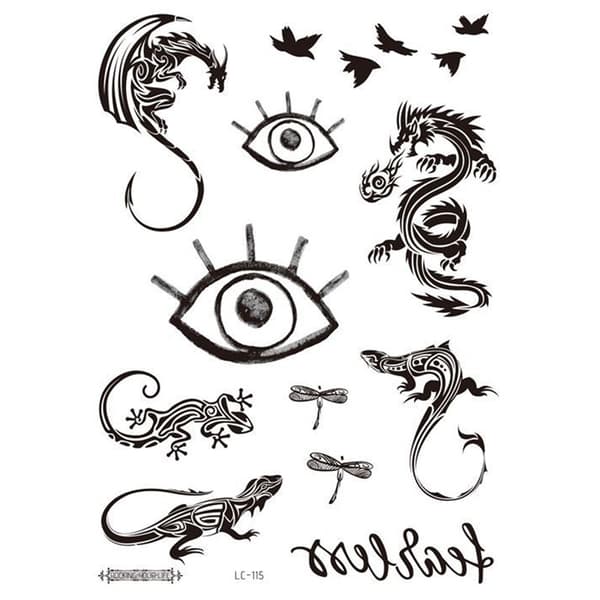 INF Musta tatuointitarra - 5 kpl Eye, dragon, dragonfly