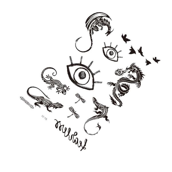 INF Musta tatuointitarra - 5 kpl Eye, dragon, dragonfly