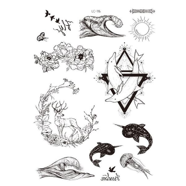 INF Musta tatuointitarra - 5 kpl Reindeer, dolphin, whale