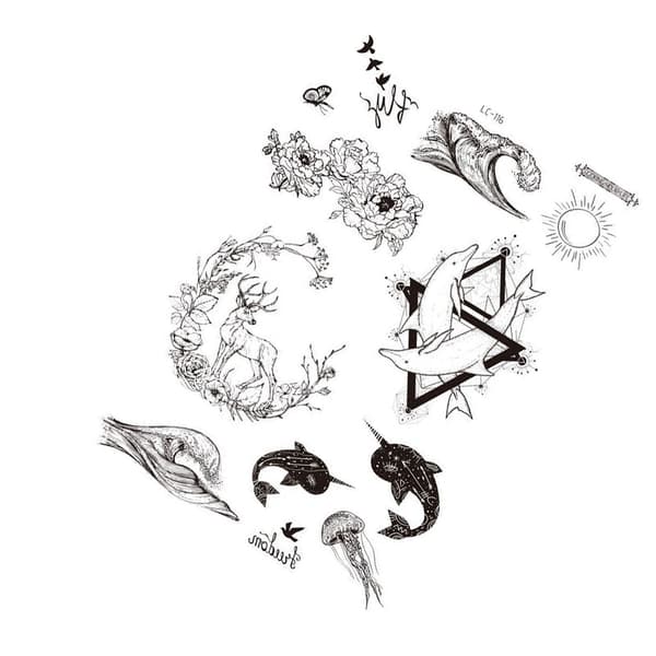 INF Musta tatuointitarra - 5 kpl Reindeer, dolphin, whale