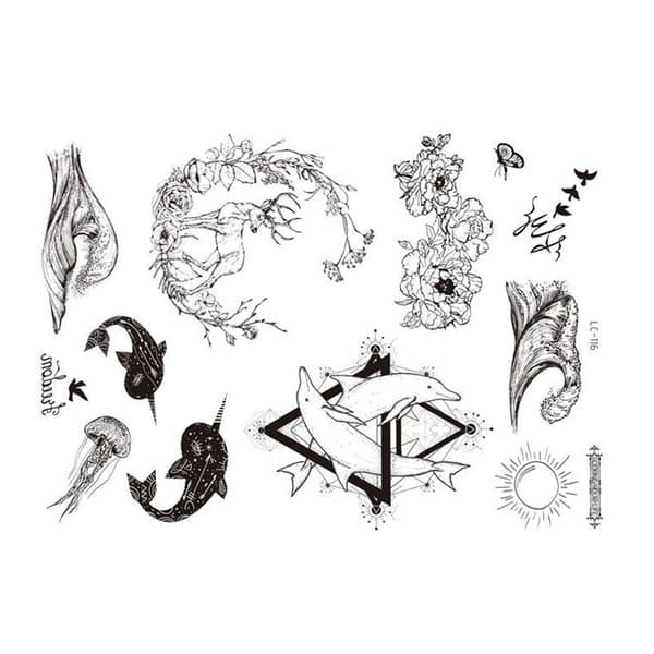 INF Musta tatuointitarra - 5 kpl Reindeer, dolphin, whale