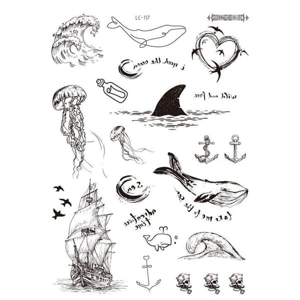 INF Musta tatuointitarra - 5 kpl Love, boat, drift bottle