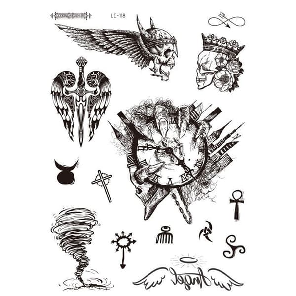 INF Svart tatoveringsklistremerke - 5 stk Skull, hurricane, ghost hand