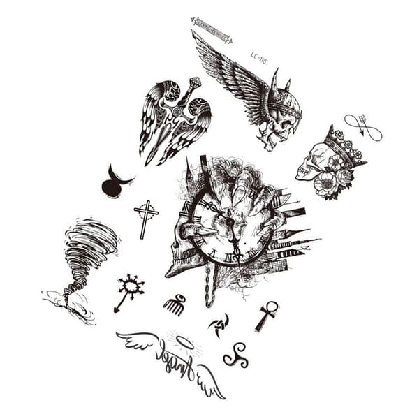 INF Musta tatuointitarra - 5 kpl Skull, hurricane, ghost hand