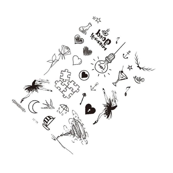 INF Musta tatuointitarra - 5 kpl Dancer, puzzle, light bulb