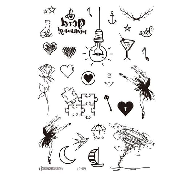 INF Musta tatuointitarra - 5 kpl Dancer, puzzle, light bulb