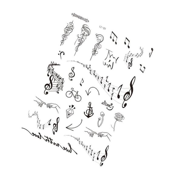 INF Sort tatoveringsmærke - 5 stk Note, diamond, music