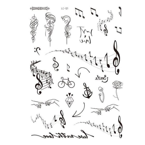 INF Sort tatoveringsmærke - 5 stk Note, diamond, music