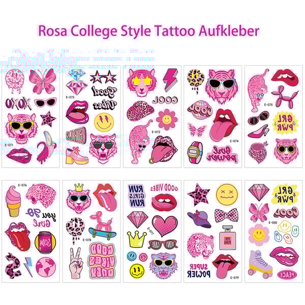 INF Pinkki Preppy -tatuointisetti - 10 arkkia