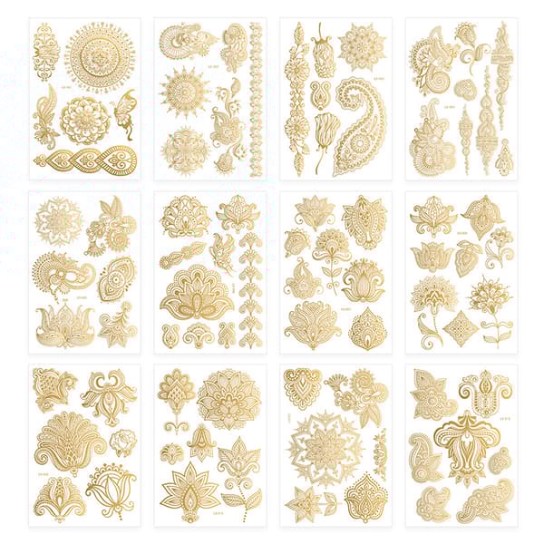 INF Midlertidige Tatoveringer, Metallic Henna Lace Tattoo Stickers (Sæt med 12)
