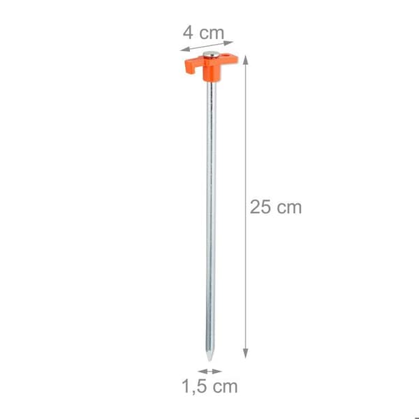 Relaxdays sardiner, set om 10, förankring för hårda golv; 25 cm, pinne, zinkat stål, orange