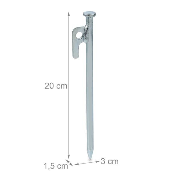 Relaxdays Fästpinnar, paket om 12, för tält, paviljonger, markiser, stålklämmor för hårda ytor, 20 cm, silverfärgade