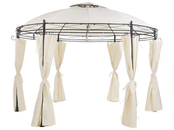 Paviljong Beige Tyg Svart Stålram Rund 368 cm Gardiner Trädgård